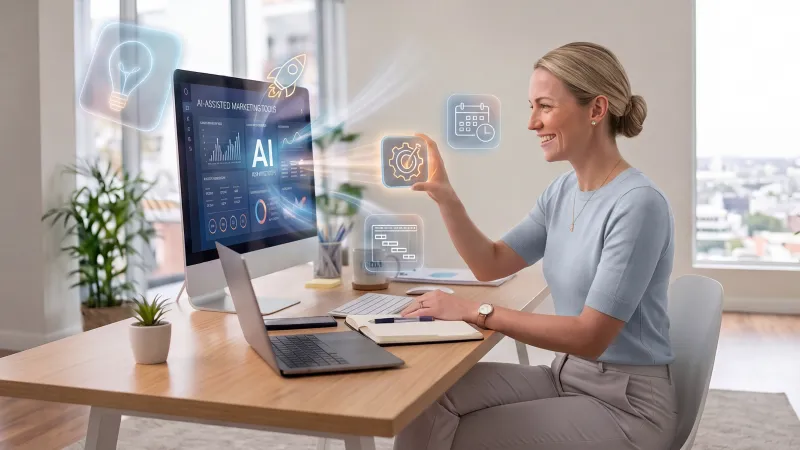 Frau arbeitet am Computer mit KI