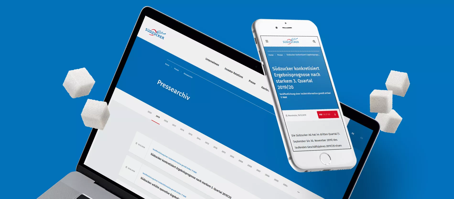 Mockup from a Laptop and Mobile showing content pages from Südzucker