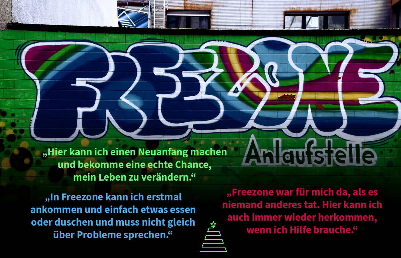 Ein Bild eines Graffitis "Freezone" mit Zitaten unterlegt.