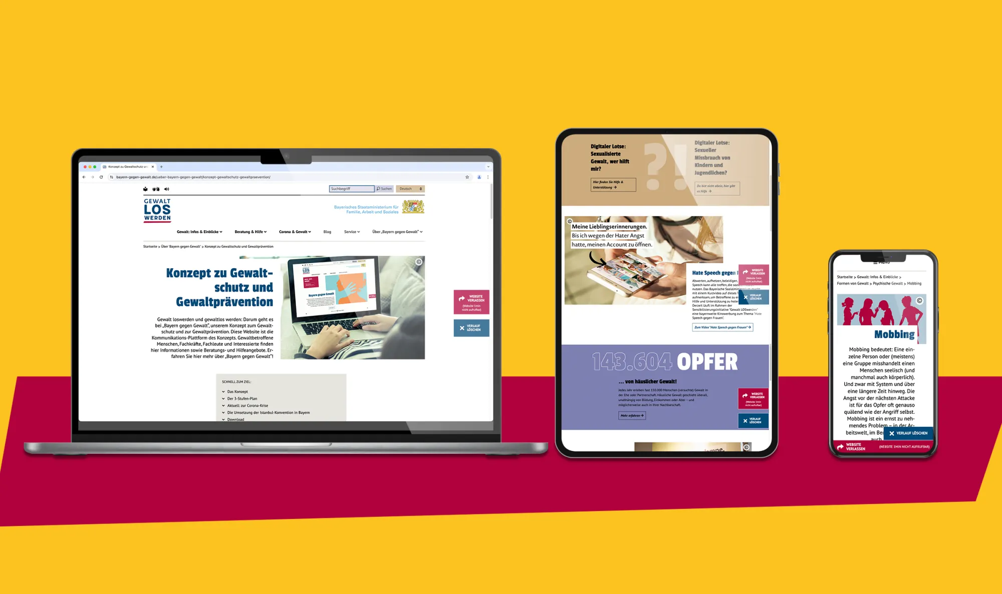 Mockups eines Laptops, Tablets und Smartphones auf denen das Anti-Gewalt-Portal zu sehen ist.