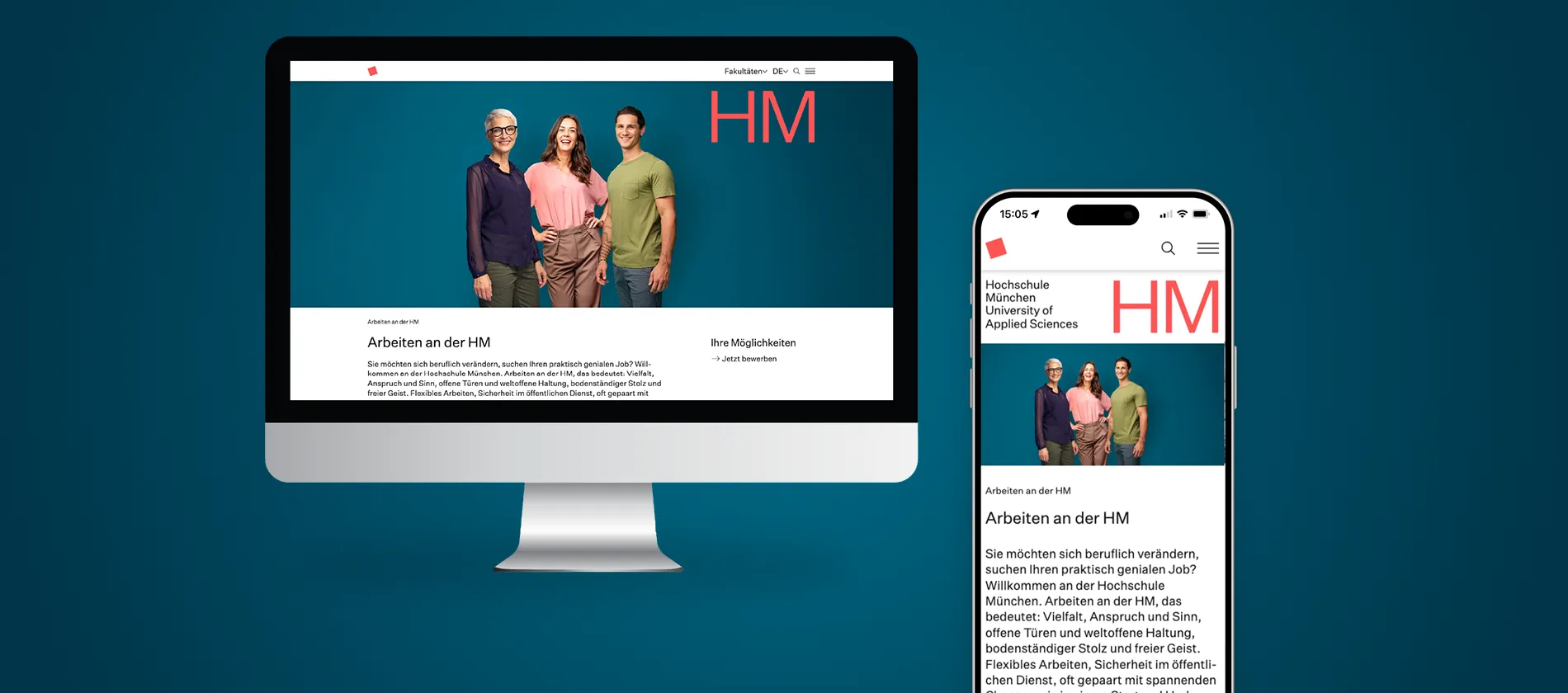 Ein Desktop und ein mobiles Mockup der Karriereseite der Hochschule München