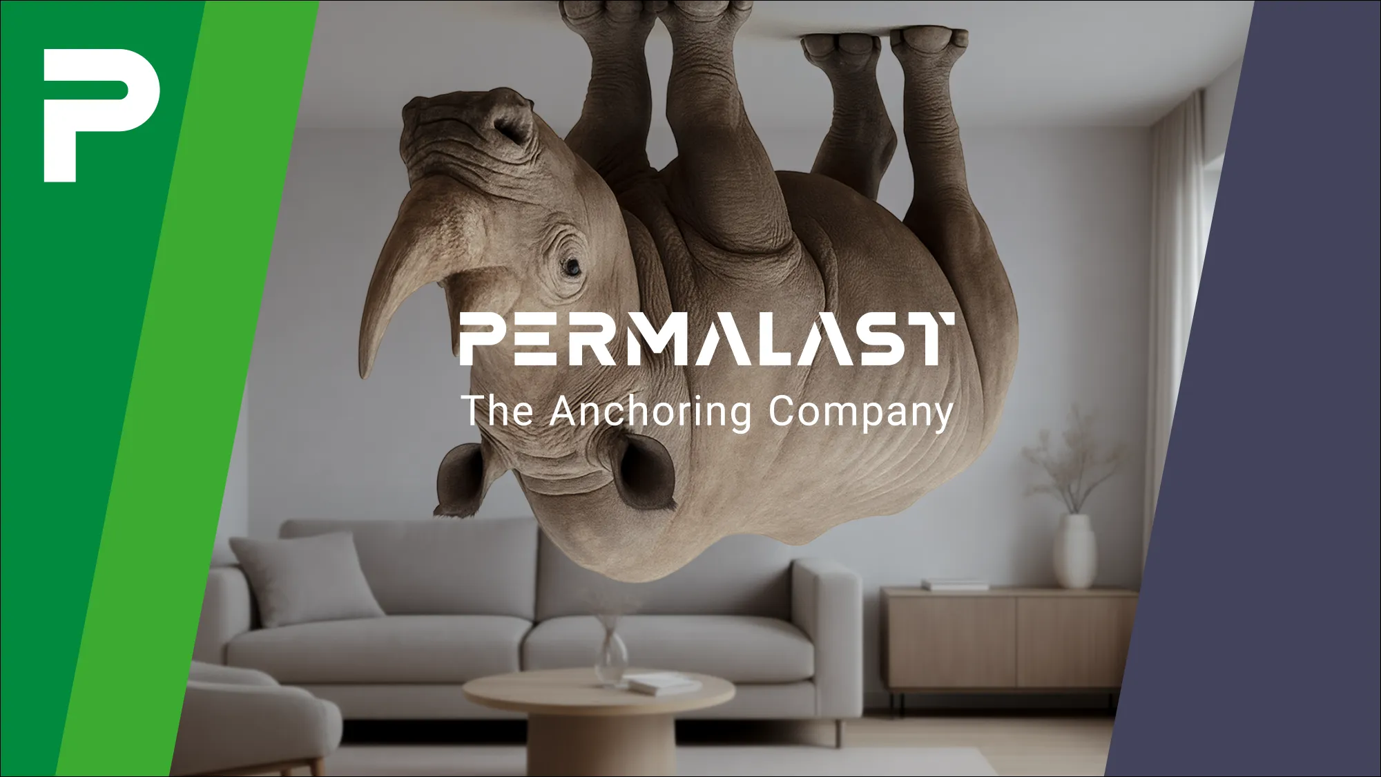 Das Permalast Logo mit Designelementen auf einem Bild von einem Nashorn an der Decke