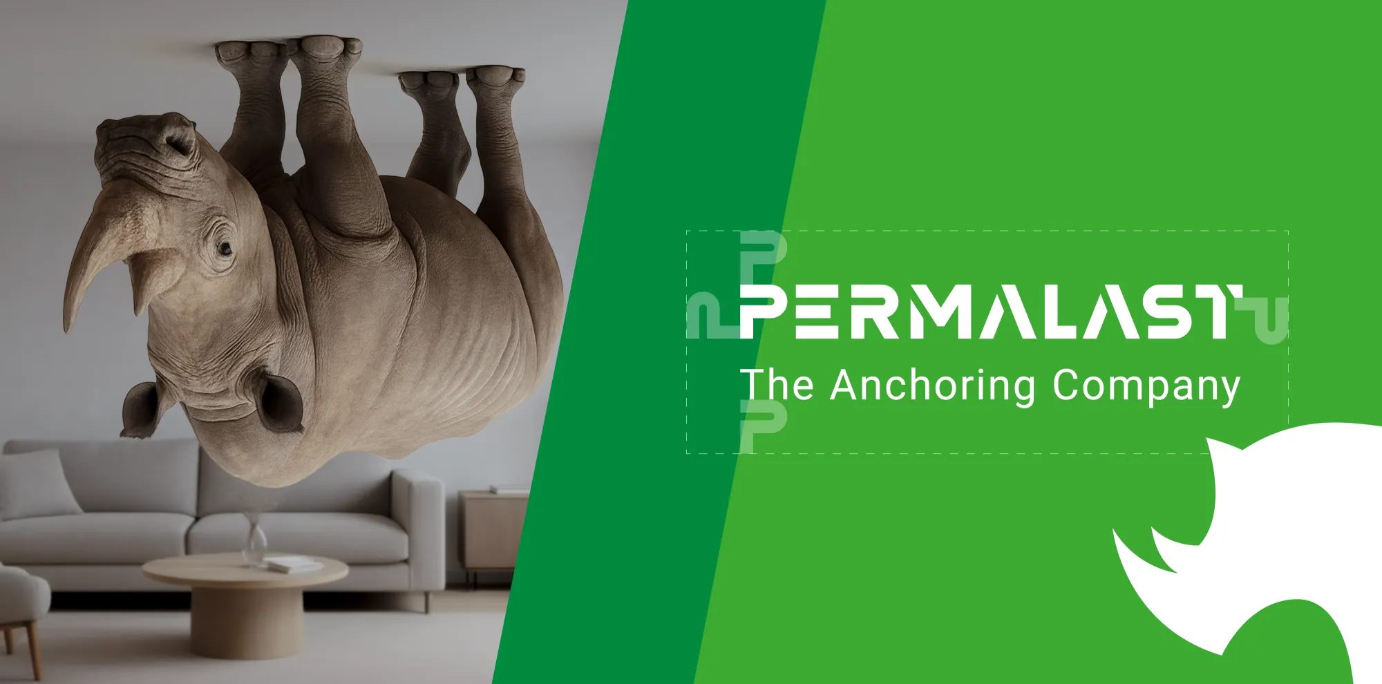 Designelemente und das Permalast Logo, so wie ein Nashorn an der Decke