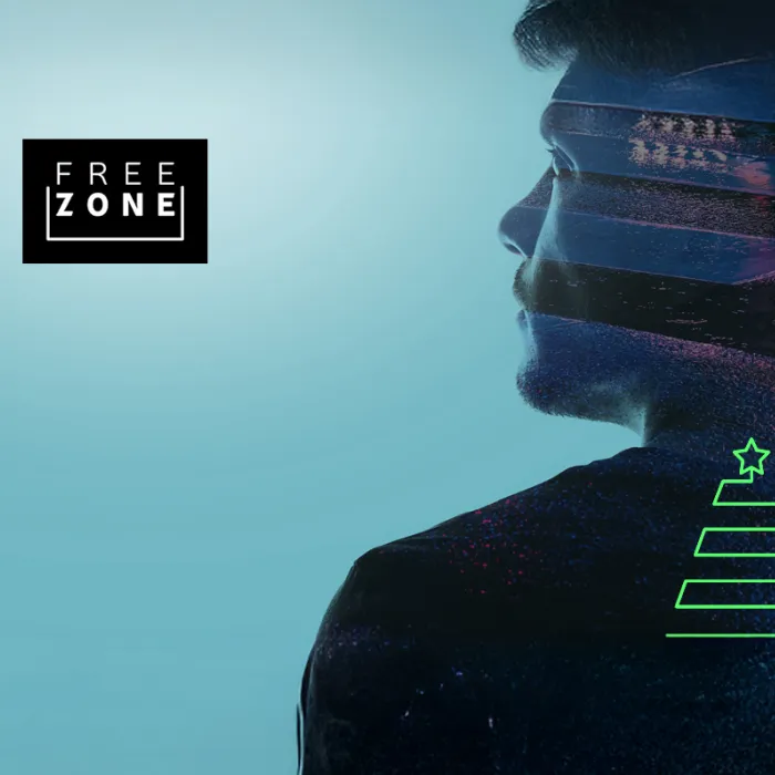 Doppelbelichtung eines Manner eines Zebrastreifens. Darauf eine Weihnachtsbaumillustration und das Logo "Freezone".