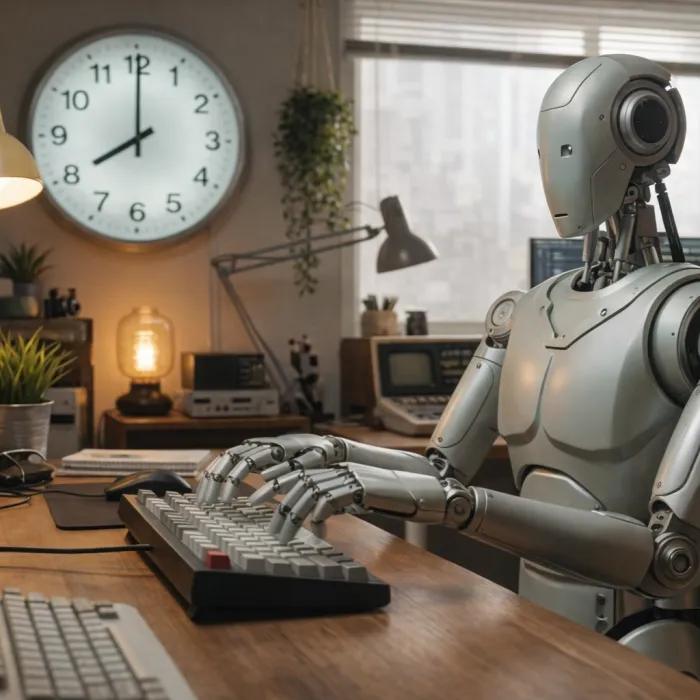 Humanoider Roboter vor Computer