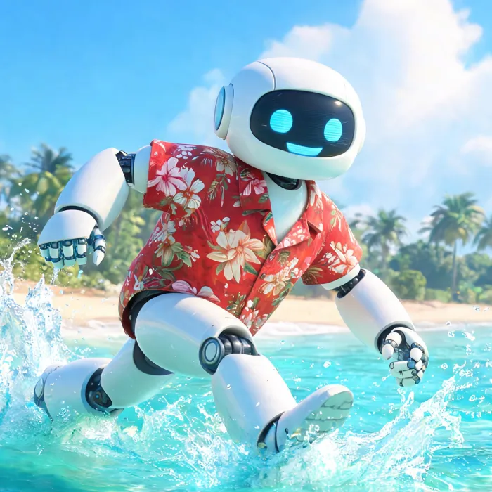 A happy robot with a floral print shirt, splashing in the sea.