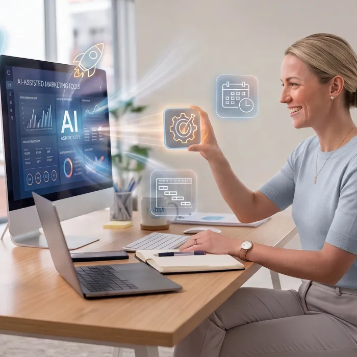 Frau arbeitet am Computer mit KI