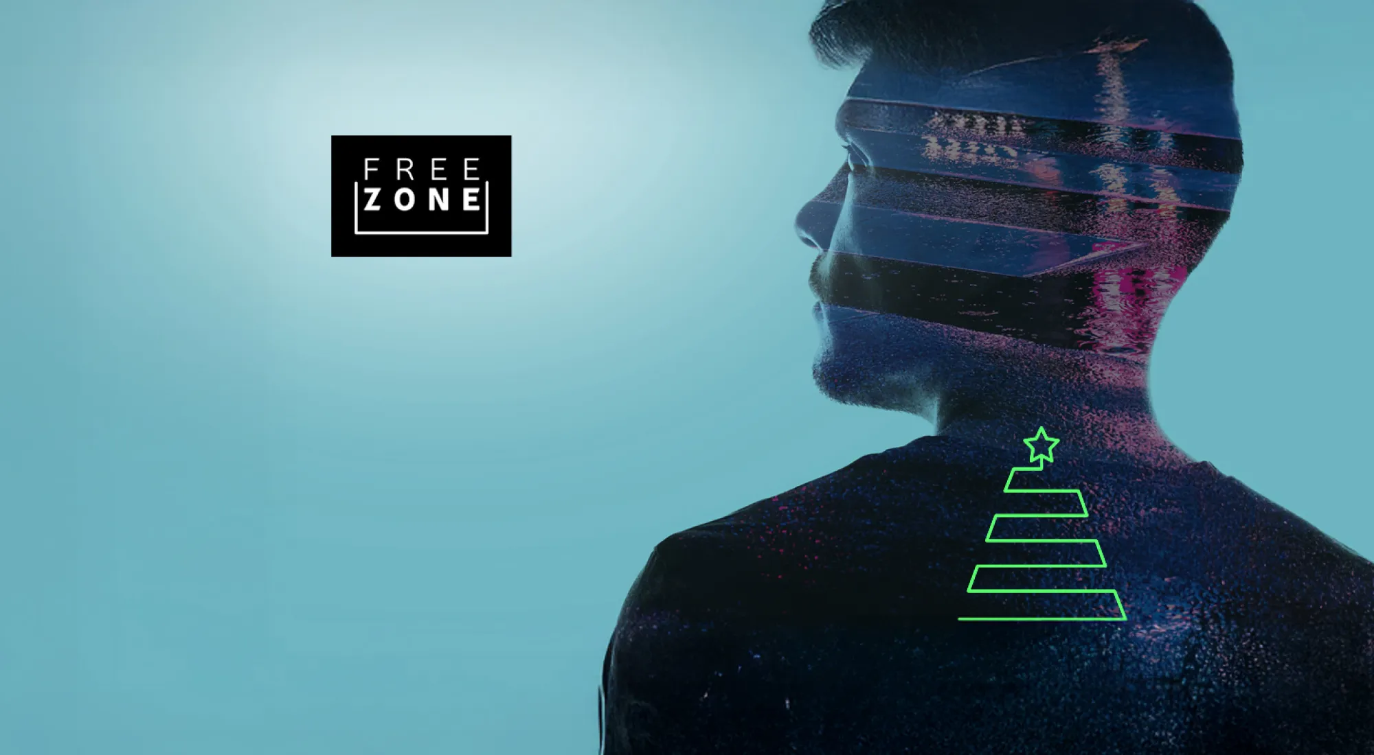 Doppelbelichtung eines Manner eines Zebrastreifens. Darauf eine Weihnachtsbaumillustration und das Logo "Freezone".