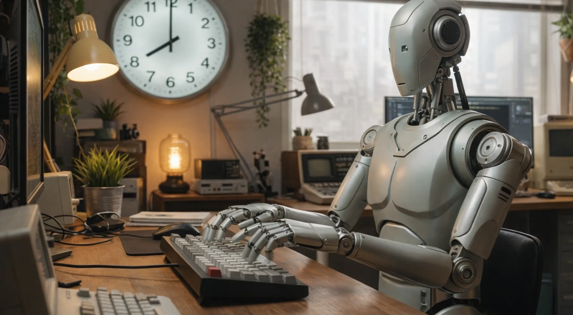 Humanoider Roboter vor Computer