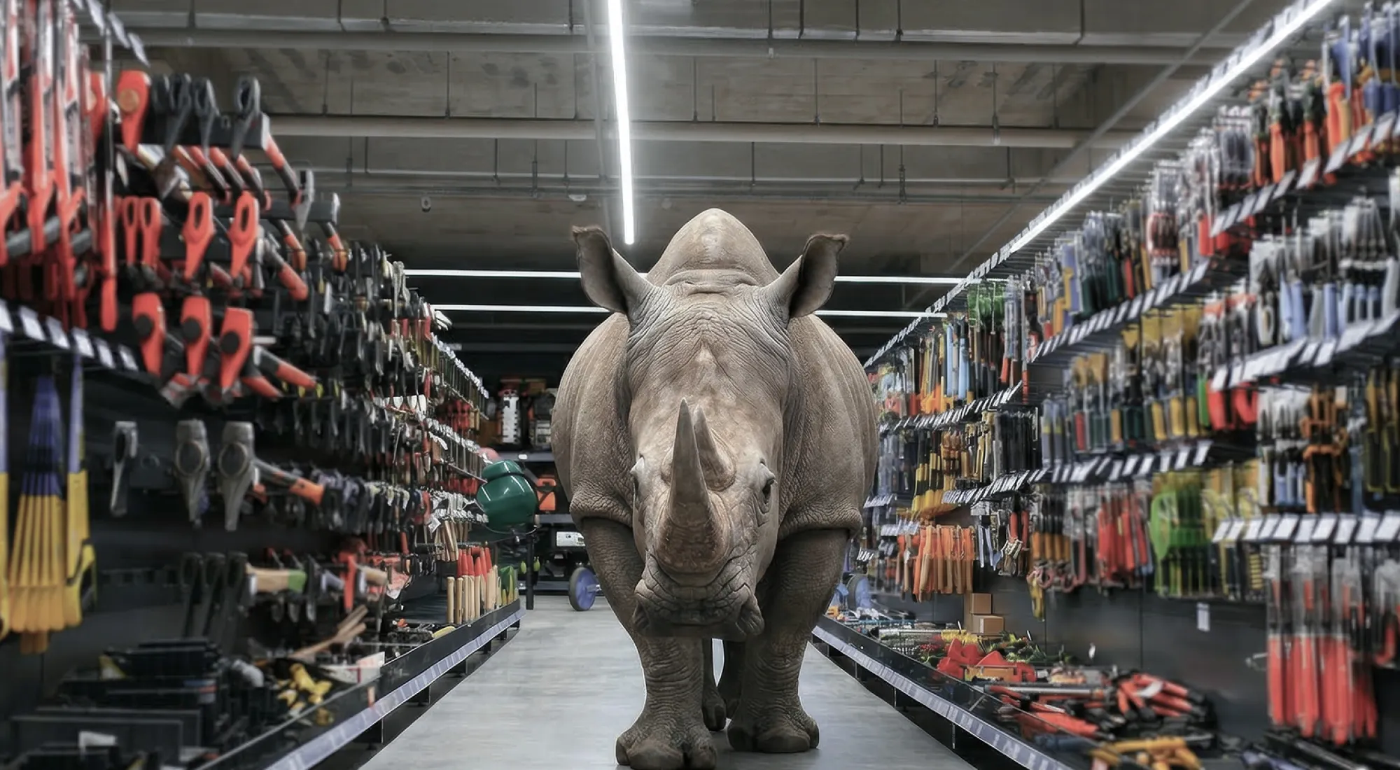 Ein Nashorn steht im Gang eines Baumarkts.