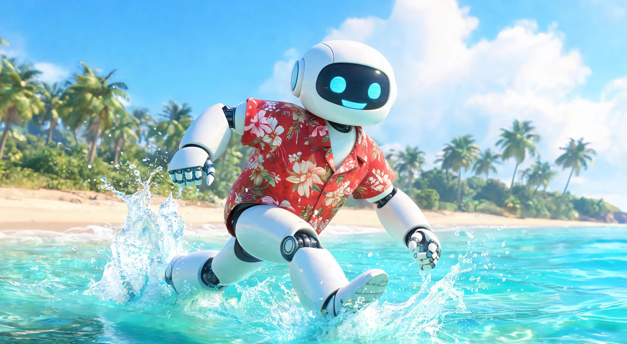 A happy robot with a floral print shirt, splashing in the sea.