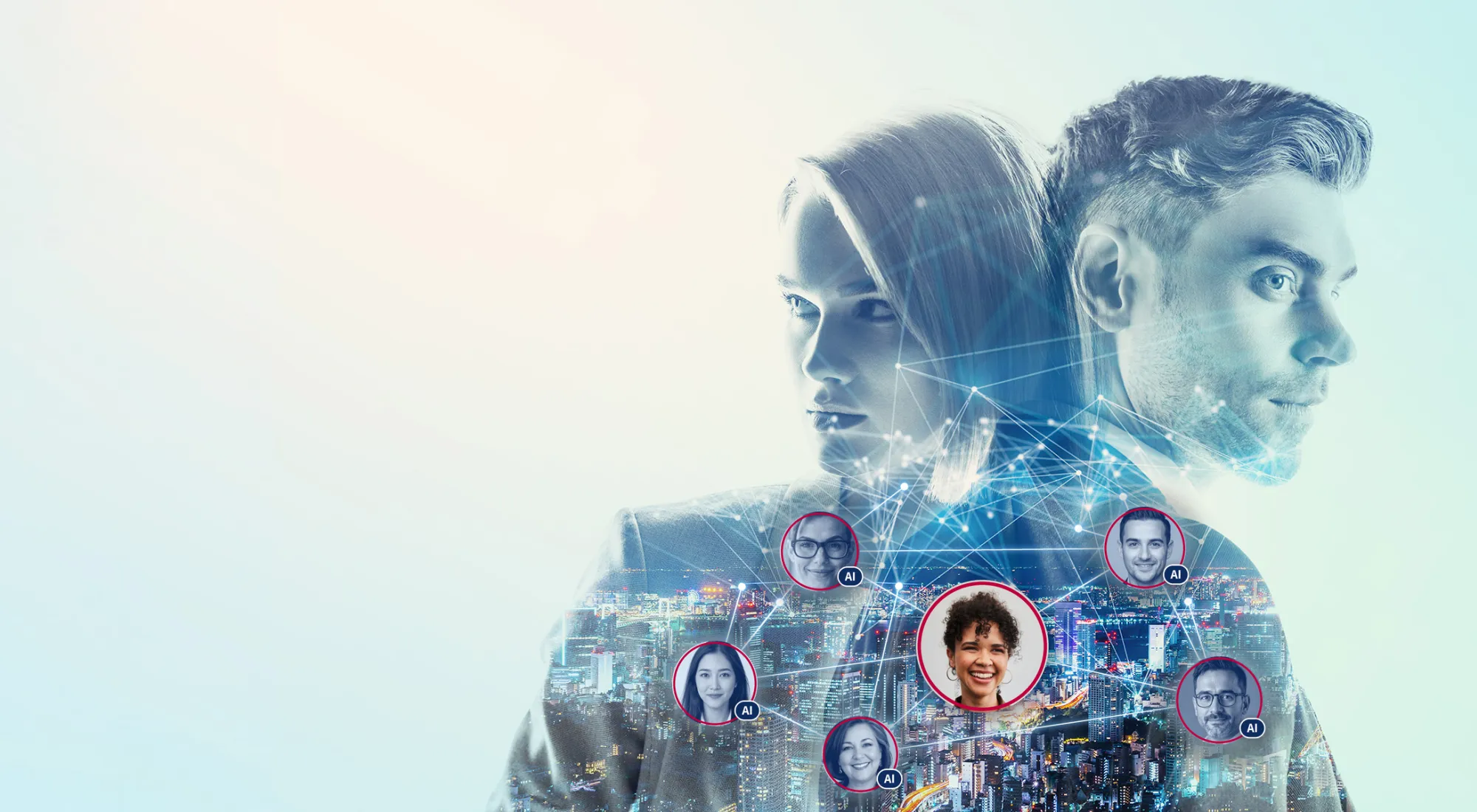 Doppelbelichtung zweier Personen und einer Stadt mit digitalen Netzlinien. In diesem Netz das Portrait einer Frau und um sie herum die Portraits mehrerer KI-Agenten.